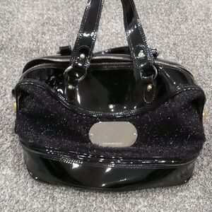 Emporio Armani black patent leather and polyester fuzzy sparkle 2 handle purse